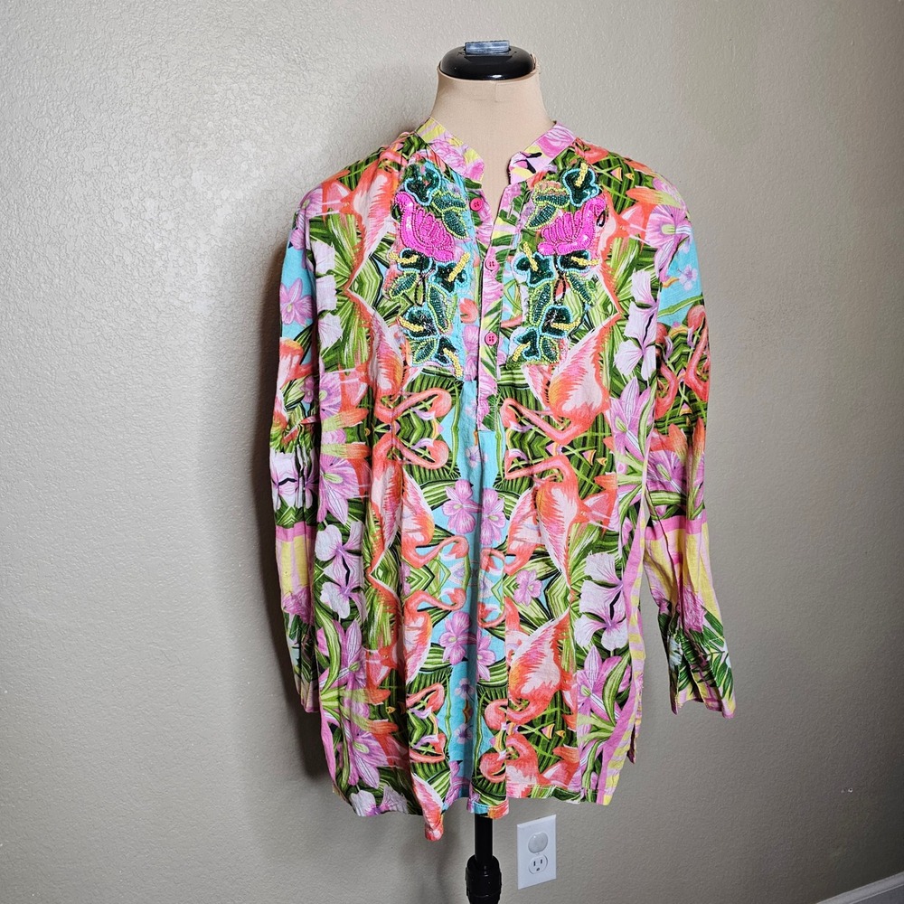 Antica Sartoria Flamingo Beaded Sequin Tropical Cotton‎ Tunic Shirt Small/Medium